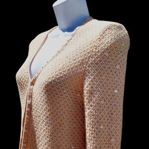90s St John Evening Cardigan Marie Gray Sequin Rhinestone Neutral Pink Size M